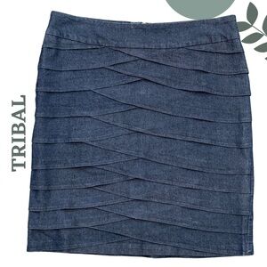Tribal Denim Layered Panel Mini Skirt – Cotton Blend Stretch Blue Size 12